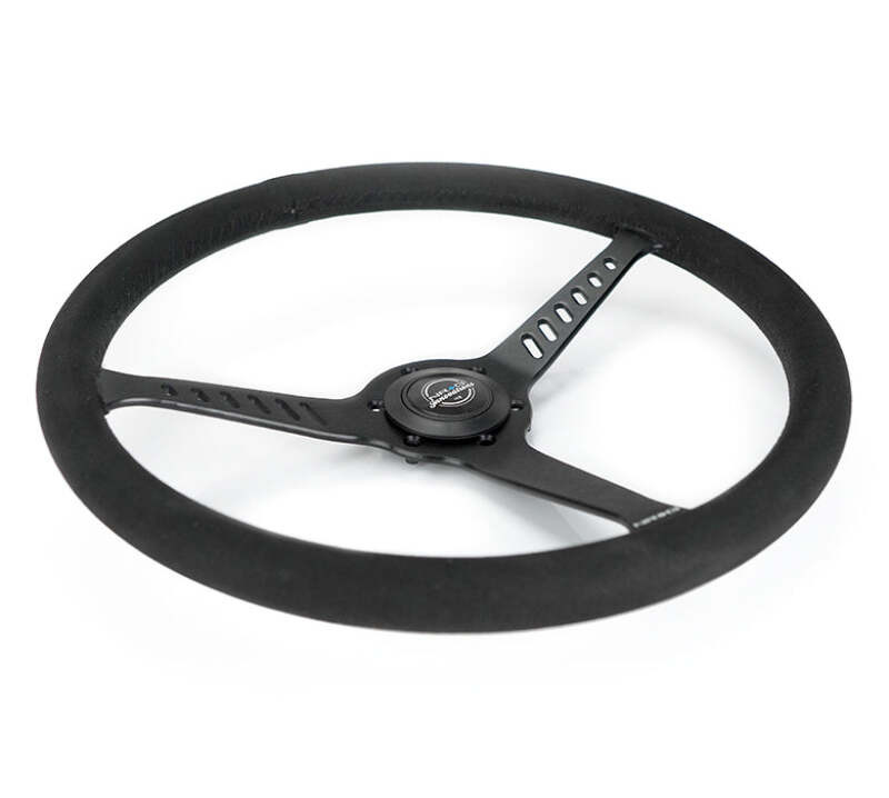 NRG Reinforced Stealth Wheel (380mm) 3 Spoke Center - 1in Deep Dish - Vegan Suede Red Stitch - RST-380-STL-SA Photo - Close Up