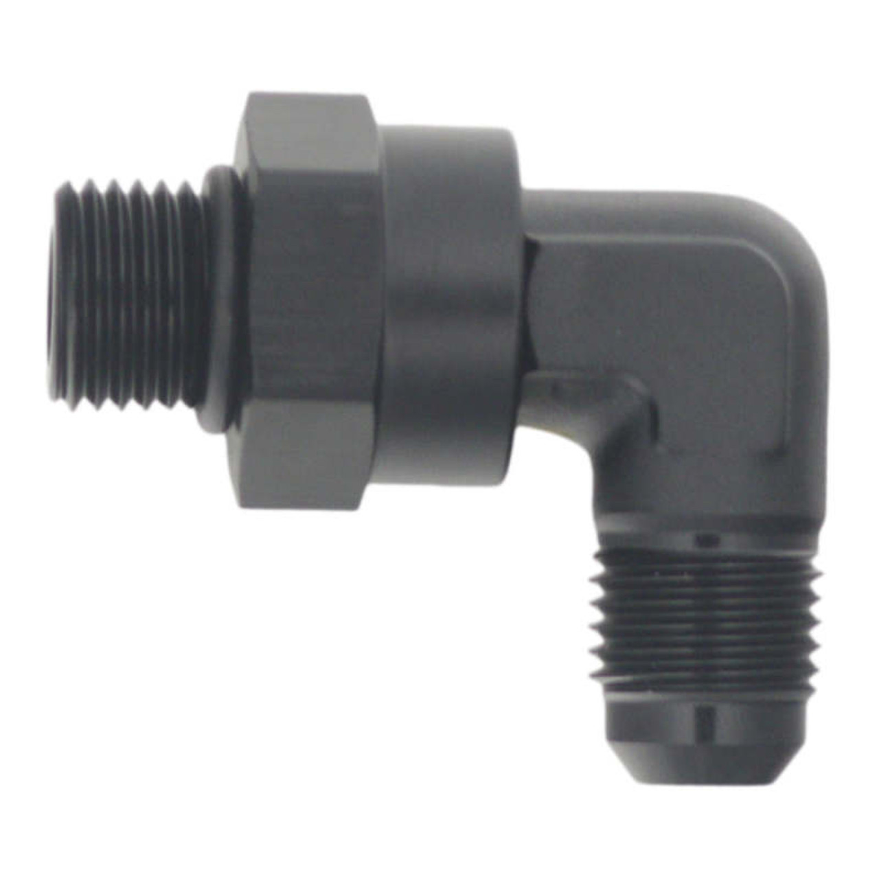 DeatschWerks 6AN ORB Male Swivel to 90-Degree 6AN Male Flare - Anodized Matte Black - 6-02-0414-B Photo - Primary