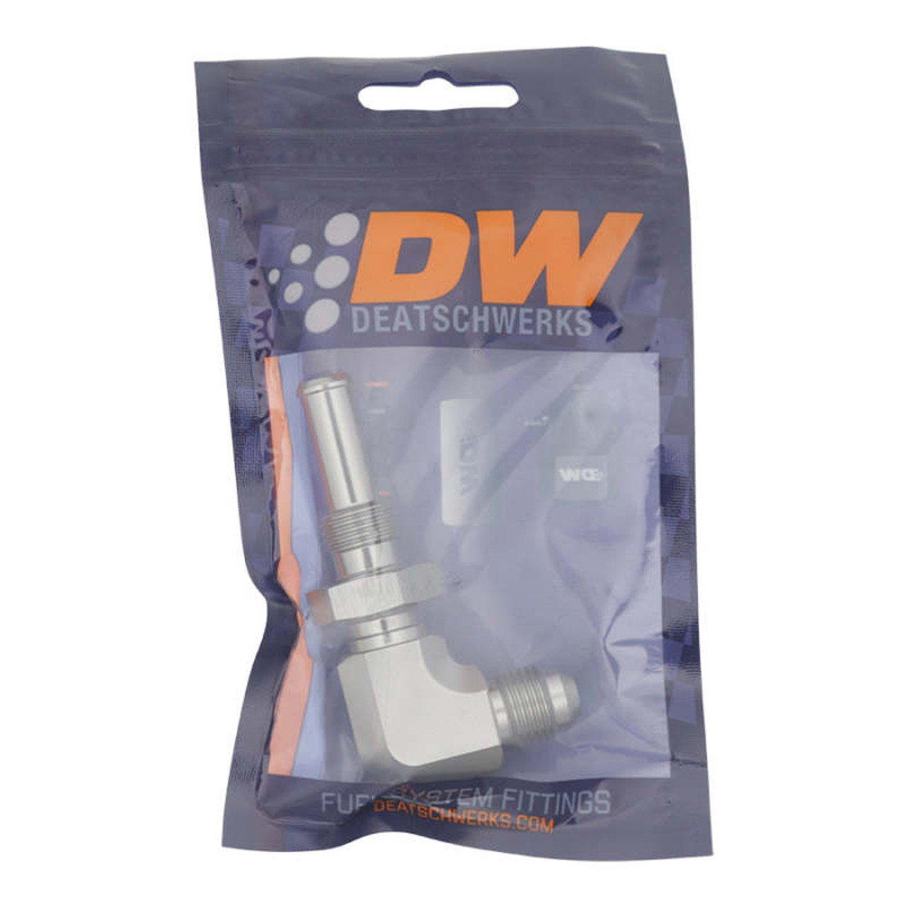 DeatschWerks 6AN Male Flare to 90-Degree 3/8in Single Hose Barb - Anodized DW Titanium - 6-02-0733 Photo - lifestyle view