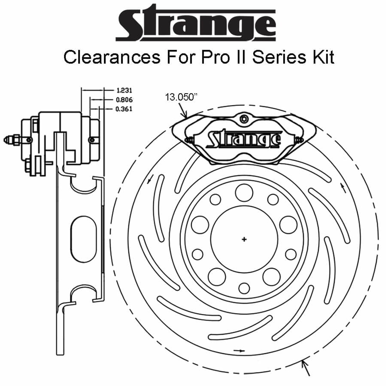 Strange Pro II H/D Front Brake Kit '82-'86 Mustang & Thunderbird - 4 1/2" B.C. 2 Pc Rotors, 4 Piston Calipers & DTC-30 Semi Metallic Pads