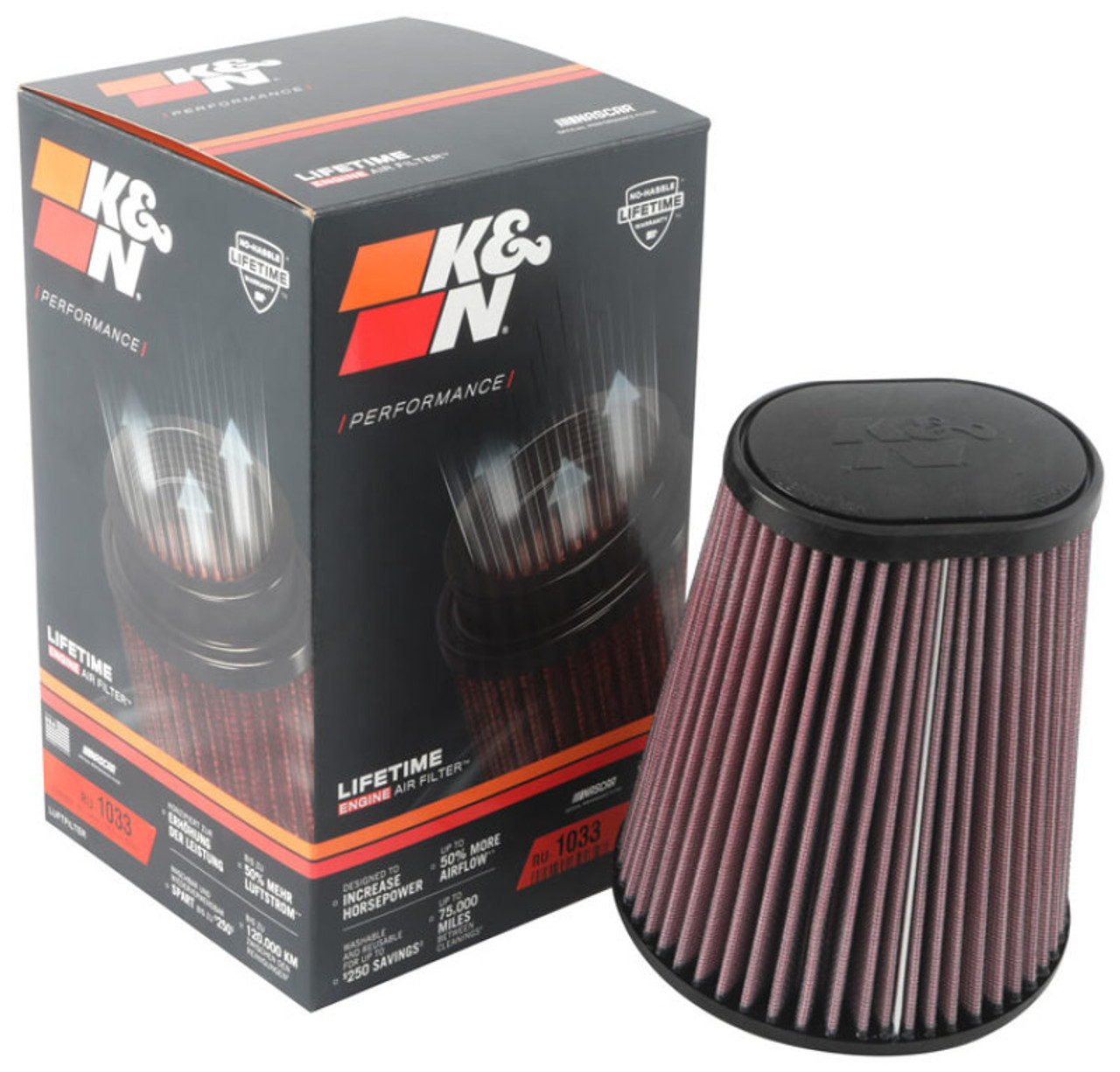 K&N Universal Clamp-On Air Filter 3-1/2in 10 Degree Flange 5-3/4in B 4-1/2in x 3-1/4in T 7in H - RU-1033 Photo - out of package