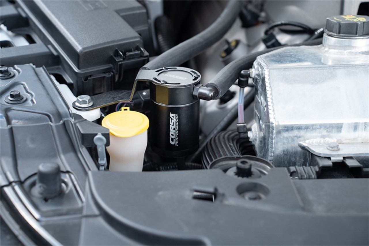 Corsa Performance 2015-2017 Ford Mustang 3 oz. Aluminum Oil Catch Can W/ Mounting Bracket - CC0014 Photo - Mounted