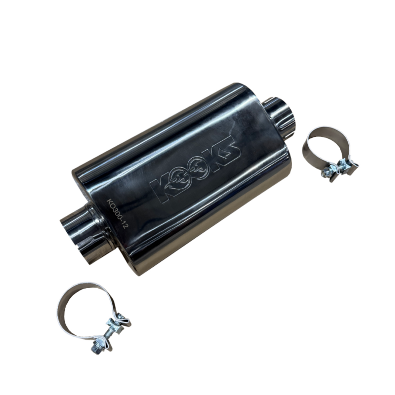 Kooks 3in Oval Clamp In Center/Center Muffler 12in Long Body Polished Stainless Steel - KO300-12-CI Photo - Unmounted