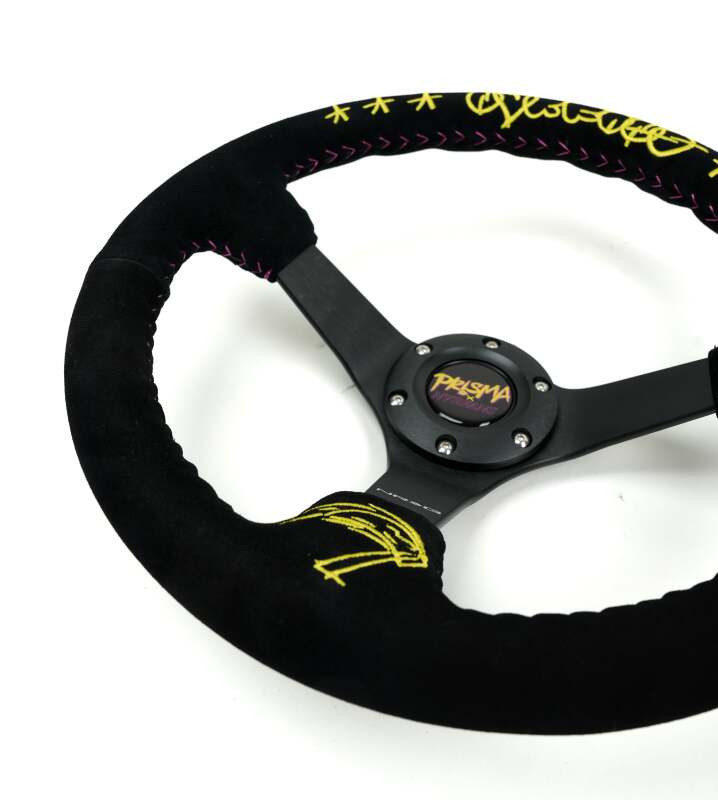 NRG Reinforced Black Perforated Leather Steering Wheel 350mm / 3in Deep w/ NVR Embroidery - RST-036MB-S-NVR Photo - Close Up