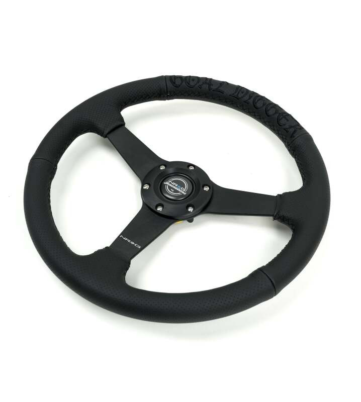 NRG Reinforced Black Perforated Leather Steering Wheel 350mm / 1.5in Deep w/ Goal Digger Blk Stitch - RST-037MB-BGD-R Photo - Close Up