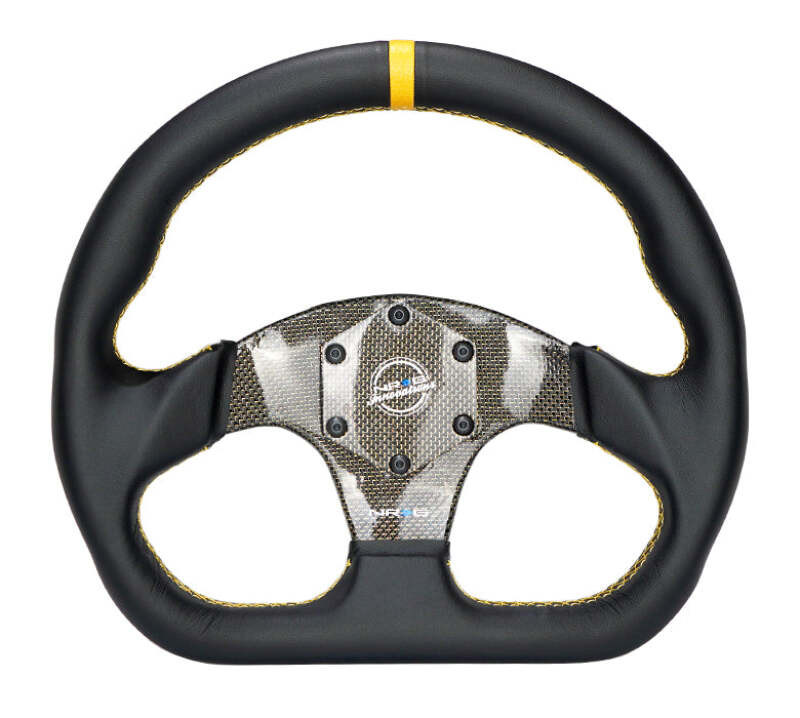 NRG Carbon Fiber Flat Bottom Steering Wheel (320mm) Yellow CF Center w/Yellow Stitch/Yellow Mark - RST-024CF/GD Photo - Close Up