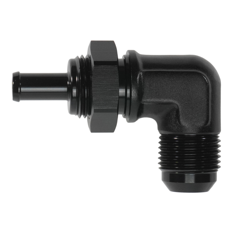 DeatschWerks 10AN Male Flare Bulkhead to 3/8in Hose Barb 90-Degree - 6-02-0796-B Photo - Primary
