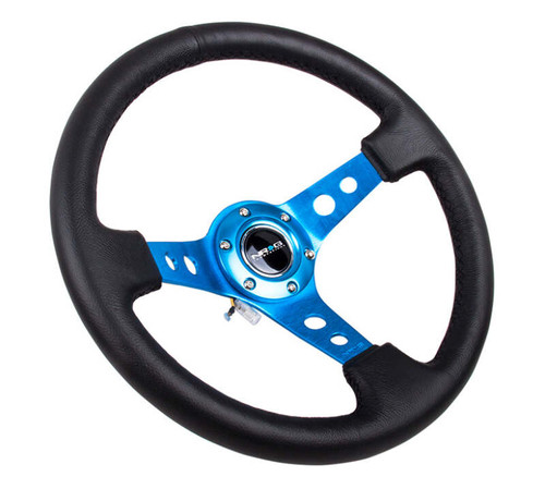 NRG Reinforced Steering Wheel (350mm/3in. Deep) White Leather w/Blk Spoke/Round Holes/White Stripes - RST-006BK-WT-B Photo - Primary