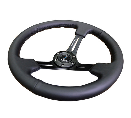 NRG Reinforced Steering Wheel (350mm / 3in. Deep) Blk Leather/Red Stitch w/Neochrome Slits - RST-018R-MCRS Photo - Close Up