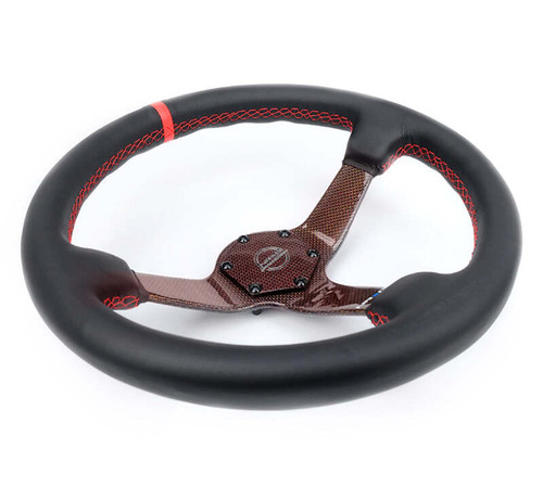 NRG Carbon Fiber Steering Wheel 350mm 3in Deep Red Carbon Fiber Red Stiching Red Center Mark Leather - RST-036CF-RD Photo - Close Up