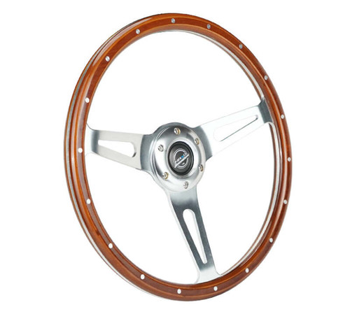 NRG Reinforced Steering Wheel (360mm) Dark Wood Grain w/Chrome 3-Spoke Center - RST-363SL Photo - Close Up