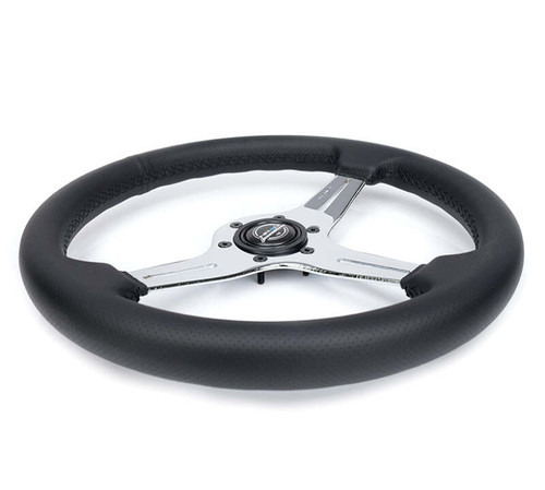NRG Light Weight Gaming Steering Wheel - 350mm 3 Chrome Silver Spokes Perforated Leather - ST-018CH-PR Photo - Close Up