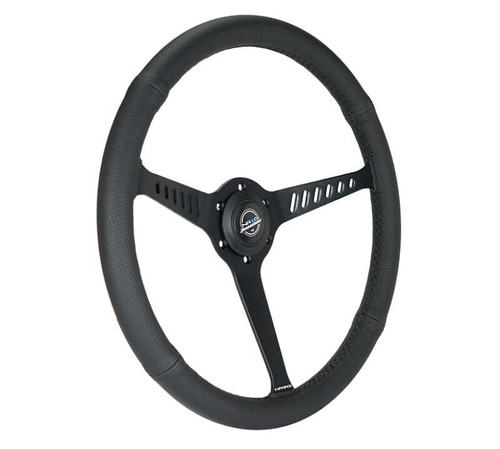 NRG Reinforced Stealth Wheel (380mm) 3 Spoke Center 1in Deep Dish - Perforated Leather Black Stitch - RST-380-STL-B Photo - Close Up