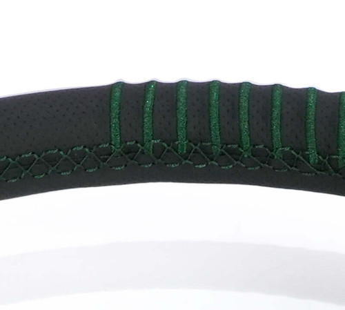 NRG Steering Wheel 1.5in Dish 350mm Black Perforated Leather - Emerald Stitching - Reinforced Spoke - RST-037MB-B-20 Photo - Close Up