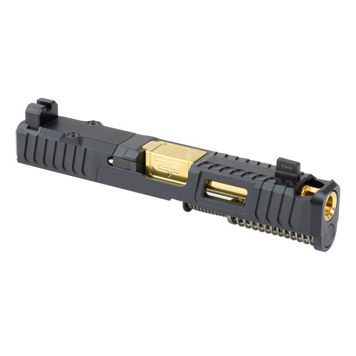 ZAFFIRI PRECISION IBS COMPLETE UPPER FOR G19 GEN 5, BLACK CERAKOTE, RMR OPTIC CUT, GOLD PVD IBS BARREL, UPPER PARTS KIT, BLACKED OUT CO-WITNESS HEIGHT SIGHTS