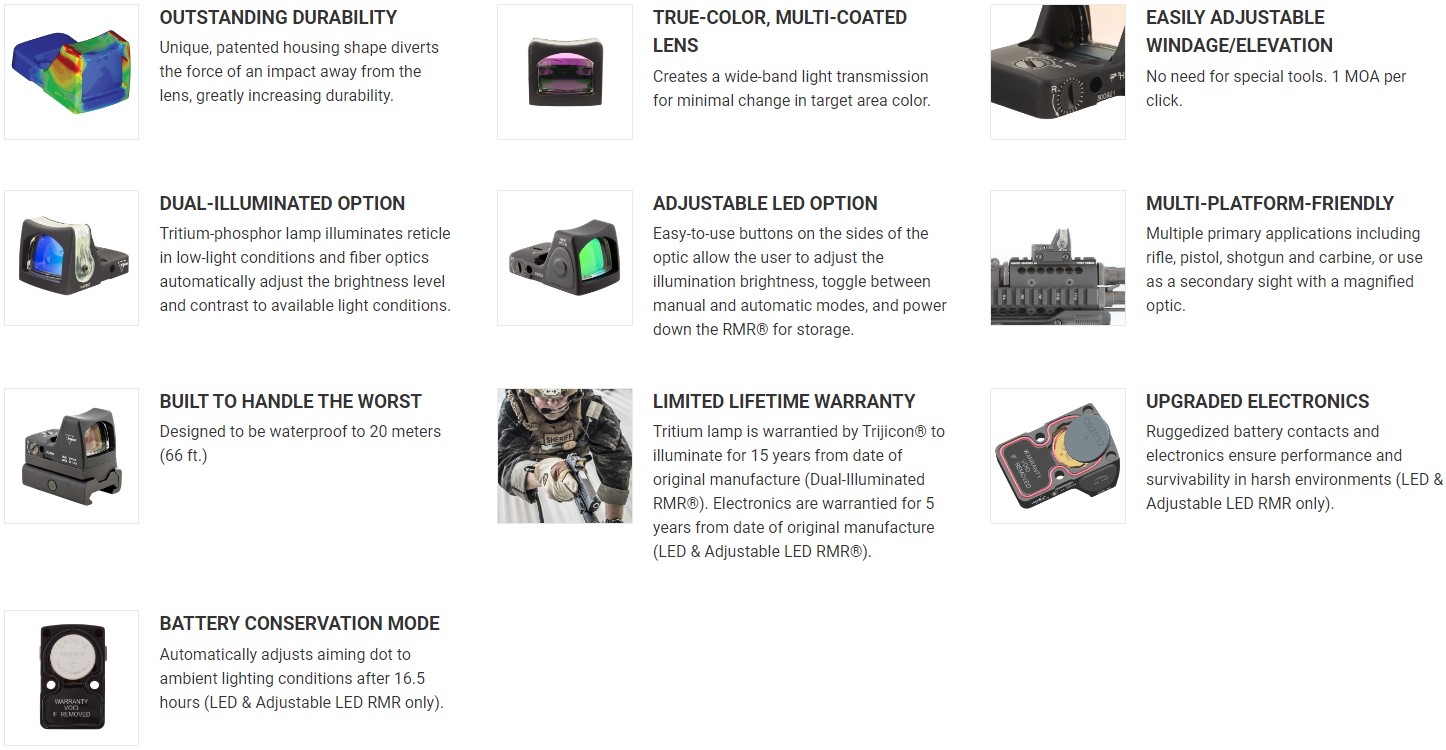 TRIJICON RMR® TYPE 2 RED DOT SIGHT 3.25 MOA RED DOT, ADJUSTABLE LED