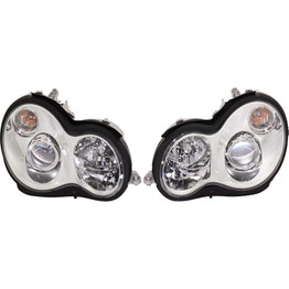 For Mercedes-Benz C Class 2001-2007 Headlight Assembly Halogen Chrome Bezel Pair Driver and Passenger Side (CLX-M0-M40-1101P-AS1)