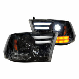 Recon Projector Headlights For Ram 1500 2014 2015 | w/ High Power | LED | Halo | Smoke/Black