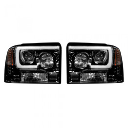 Recon Projector Headlights For Ford F-250/F-350/F-450/F-550 Super Duty 2005 2006 2007 w/Ultra High Power Smooth OLED Halos & DRL | Smoked/Black