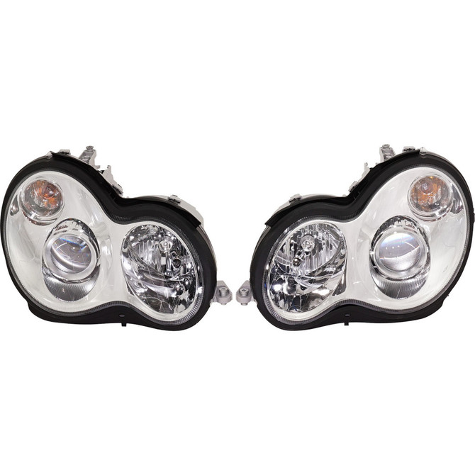 For Mercedes-Benz C Class 2001-2007 Headlight Assembly Halogen Chrome Bezel Pair Driver and Passenger Side (CLX-M0-M40-1101P-AS1)