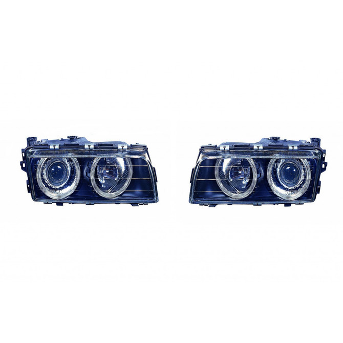 For BMW 7 (740I,740IL) 1995-1998 Headlight Assembly Pair Driver and Passenger Side | HID Type Black w/Angel Eyes BM2505106 (CLX-M1-343-1116PXASH2)