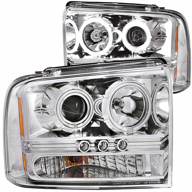 ANZO For Ford F-350 Super Duty 2005 2006 2007 Projector Headlights w/ LED Strip | w/ Halo Chrome CCFL 1pc (TLX-anz111118-CL360A72)