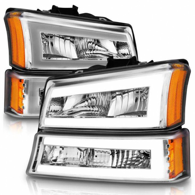 ANZO For Chevy Silverado 1500/2500 HD 2003-2006 Crystal Headlights w/ Light Bar | Chrome Housing (TLX-anz111502-CL360A73)