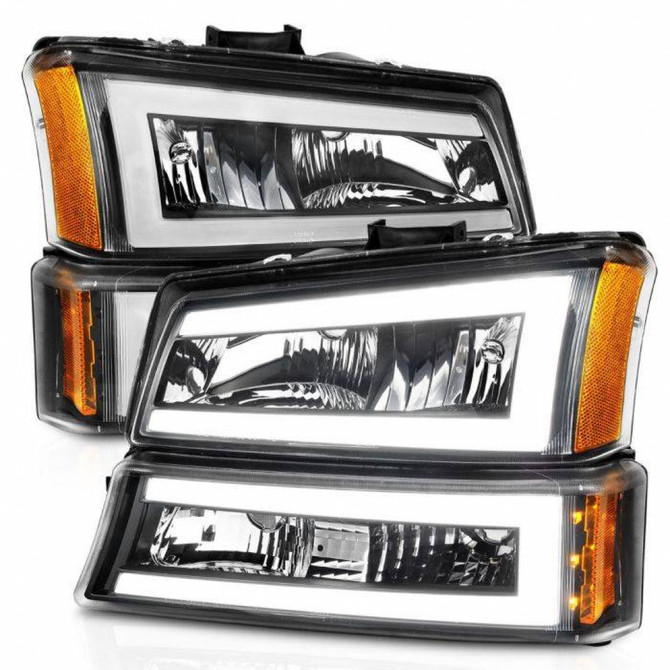 ANZO For Chevy Silverado 1500/2500/3500 2003-2006 Crystal Headlights w/Light Bar | Black Housing (TLX-anz111501-CL360A71)