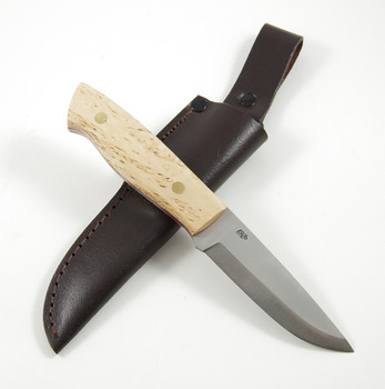 Showing example of a finished Trapper knife, with curly birch scales, brass corby bolts and leather sheath. Note this item is only the blade