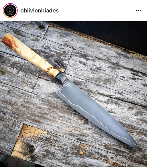 example of a completed knife by Jerarmie Heywood of Oblivion blades. The cutting steel on this exact knife was another carbon steel but these steel billets look the same just with an easier to heat treat steel, being 1084.
