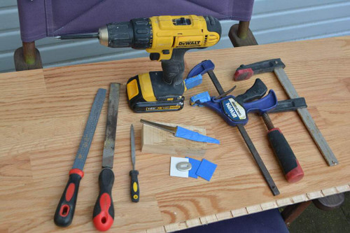 overview of tools required. Having more tools, like a belt sander and dremel will make it easier. Not shown in the dust mask which is the single most important part. Do not create wood dust without wearing a mask, and do not sit around in dusty work clothes when ready.