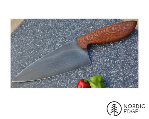 Hand made Chef knife by C Thomas Knives with blade in 8670 Carbon steel, convex edge and LeopardWood handle.