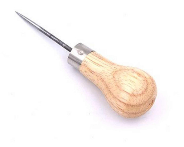 Scratch awl with hardened steel point and wooden handle for leatherworking and marking