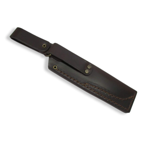 Back view of Bushcrafter 95 brown leather knife sheath with belt hanger