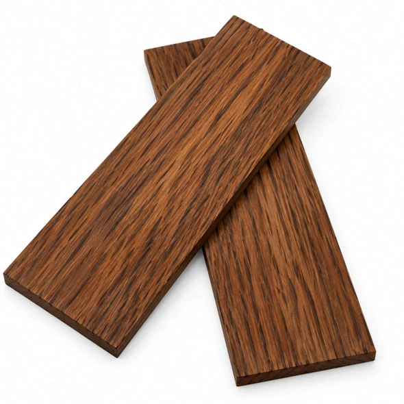Hairy Oak knife handle scales, set of 2, arranged crossed to show natural brown colour, grain and 10 mm thickness.