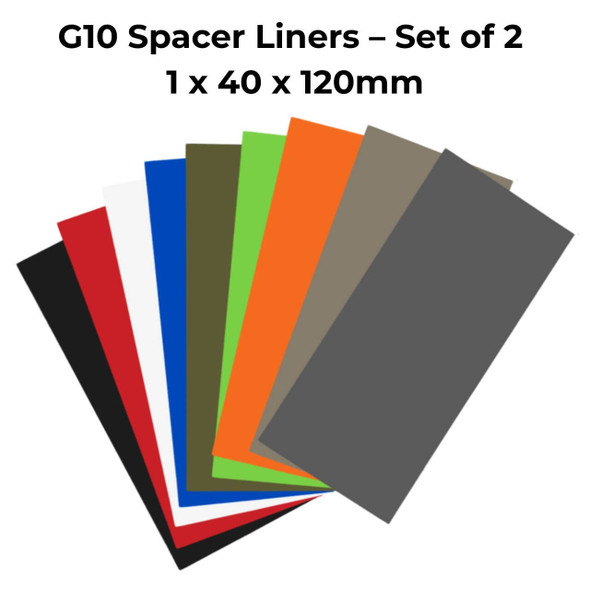 Fan of G10 spacer liners in assorted colours – black, red, white, blue, olive green, bright green, orange, light brown/grey, and dark grey – 1 x 40 x 120mm