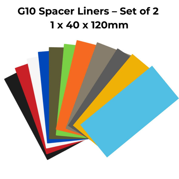 Assorted G10 spacer liners set of 2 in multiple colours including blue, yellow, orange, green, and black, size 1 x 40 x 120 mm