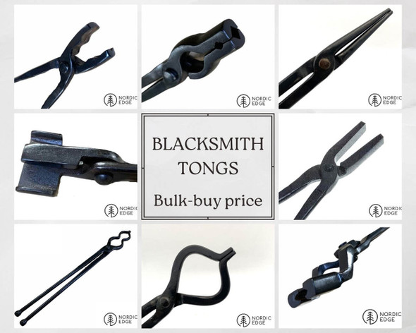 Assorted forged steel blacksmith tongs from the Nordic Edge tongs range