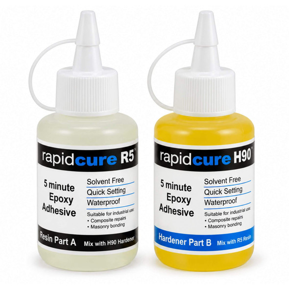 WEST SYSTEM Rapid Cure R5 Resin and H90 Hardener – Two-part, 5-minute waterproof epoxy adhesive with easy-application nozzle bottles.