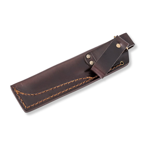 Brown leather Bushcraft 125 knife sheath, back view with belt loop