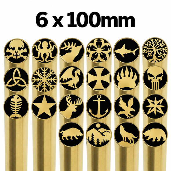6 x 100mm EDM Mosaic Pins in brass and black, featuring decorative designs including Deer, Elk, Shark, Sakura, Tree of Life, Boar, Wolf, Eagle, Anchor and Nordic symbols for custom knife handles.