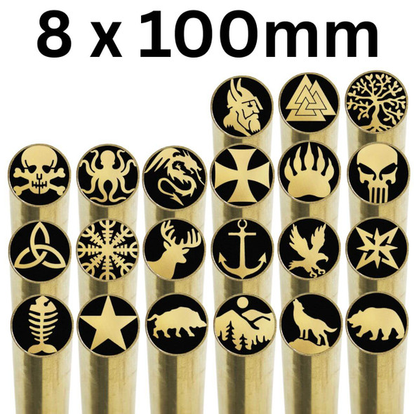 EDM mosaic pins, 8 x 100mm brass and black decorative knife handle pins in various designs including Viking head, Valknut, tree of life, skull, octopus, dragon, cross, bear claw, Punisher, trinity, deer, anchor, eagle, star, fishbone, mountain, wolf, and bear.