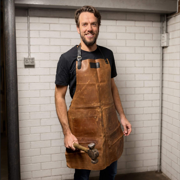 Full view of Nordic Edge brown cowhide leather workshop apron