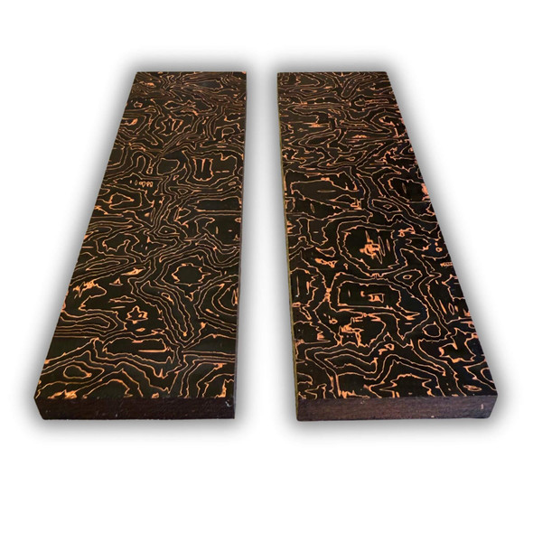 Set of 2 carbon fiber knife handle scales layered with copper foil, size 8 × 40 × 130 mm