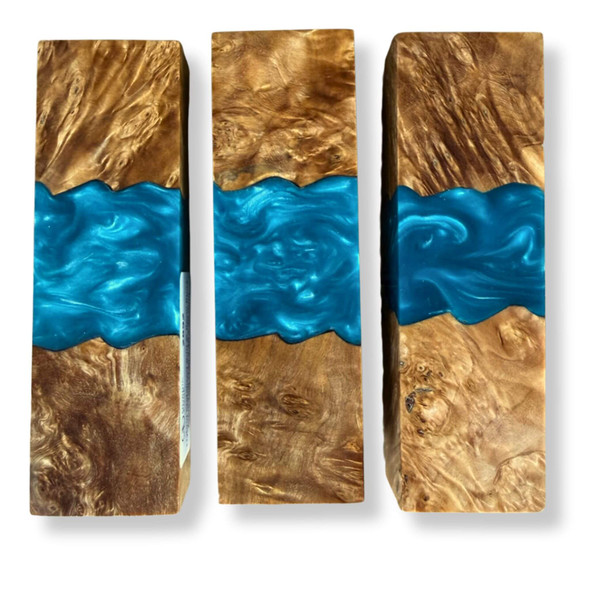 Hybrid stabilised burl and aqua teal resin knife handle blocks