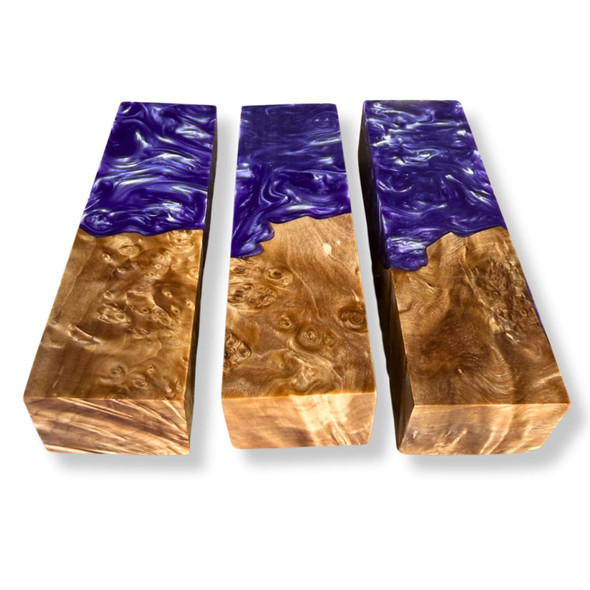 Royal purple hybrid stabilised burl resin blocks for knife handles