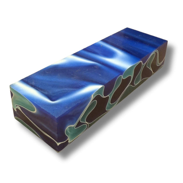 Acrylic handle block showing blue and teal pearl pattern from alternate angle