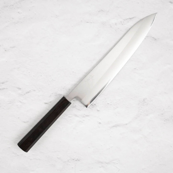 Example finished Japanese gyuto knife made from Shirogami #1 stainless clad steel