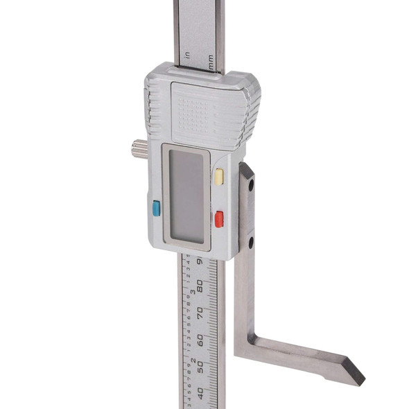Close-up of digital height gauge with measuring scale and scriber arm