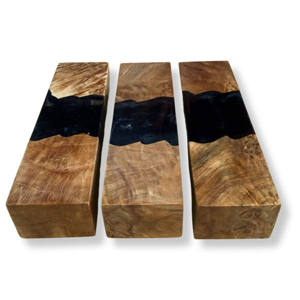 Hybrid stabilised burl resin block in black, angled view